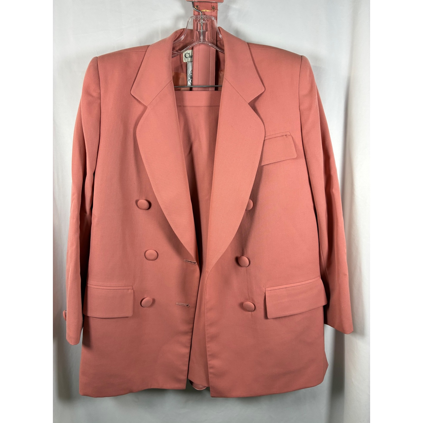 Christian Dior Vintage Salmon Pink 100% Wool Skirt Suit With Belt Blazer Set